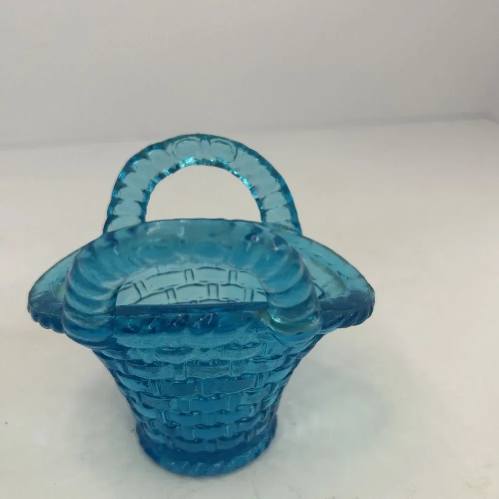 Vintage Aqua Blue Glass Mini Basketweave Trinket Dish Toothpick Holder